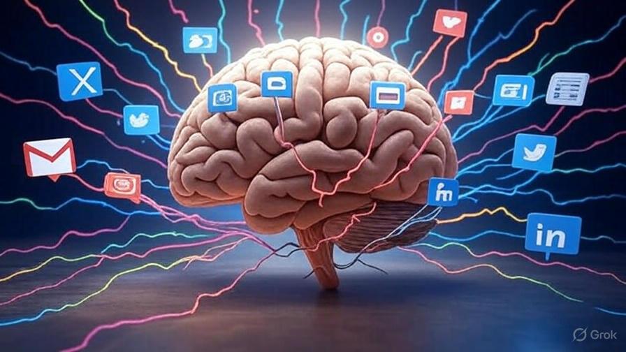 A brain overwhelmed by notifications and open tabs, depicted as a chaotic web